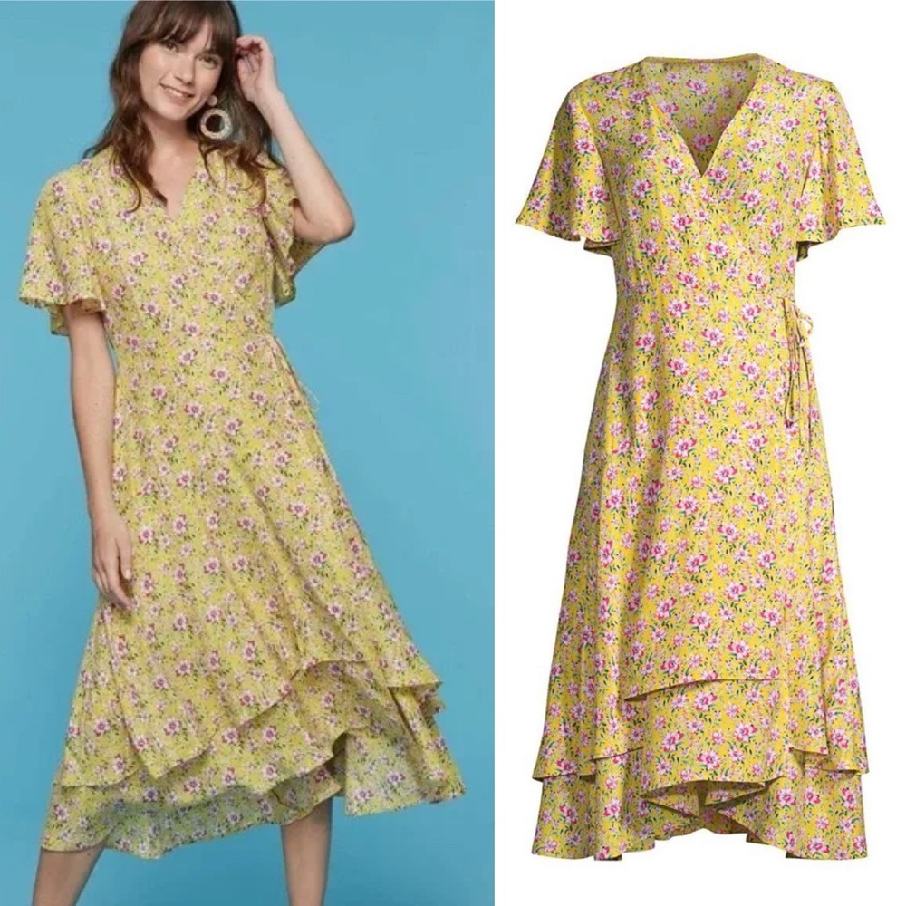 Roller Rabbit Yellow Floral Wrap Dress - L
